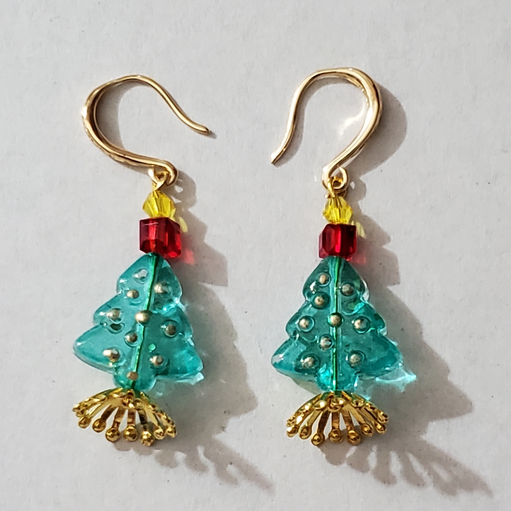 Christmas Earrings Lampwork Trees Swarovski Crystal 18k Gold Vintage Style 28$